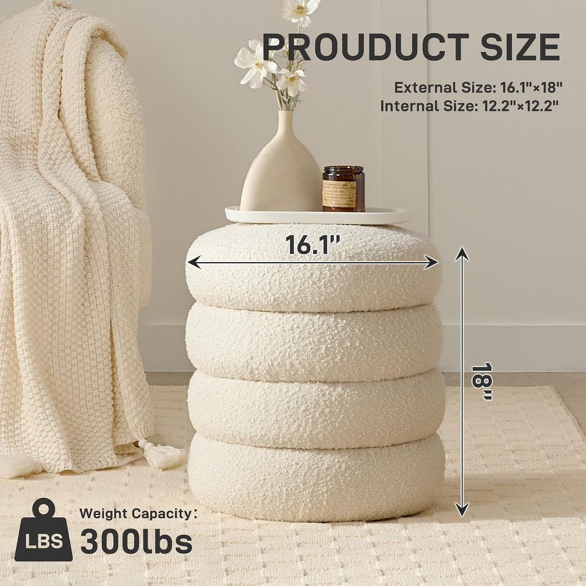 White boucle-texture storage ottoman, lid removed showing storage