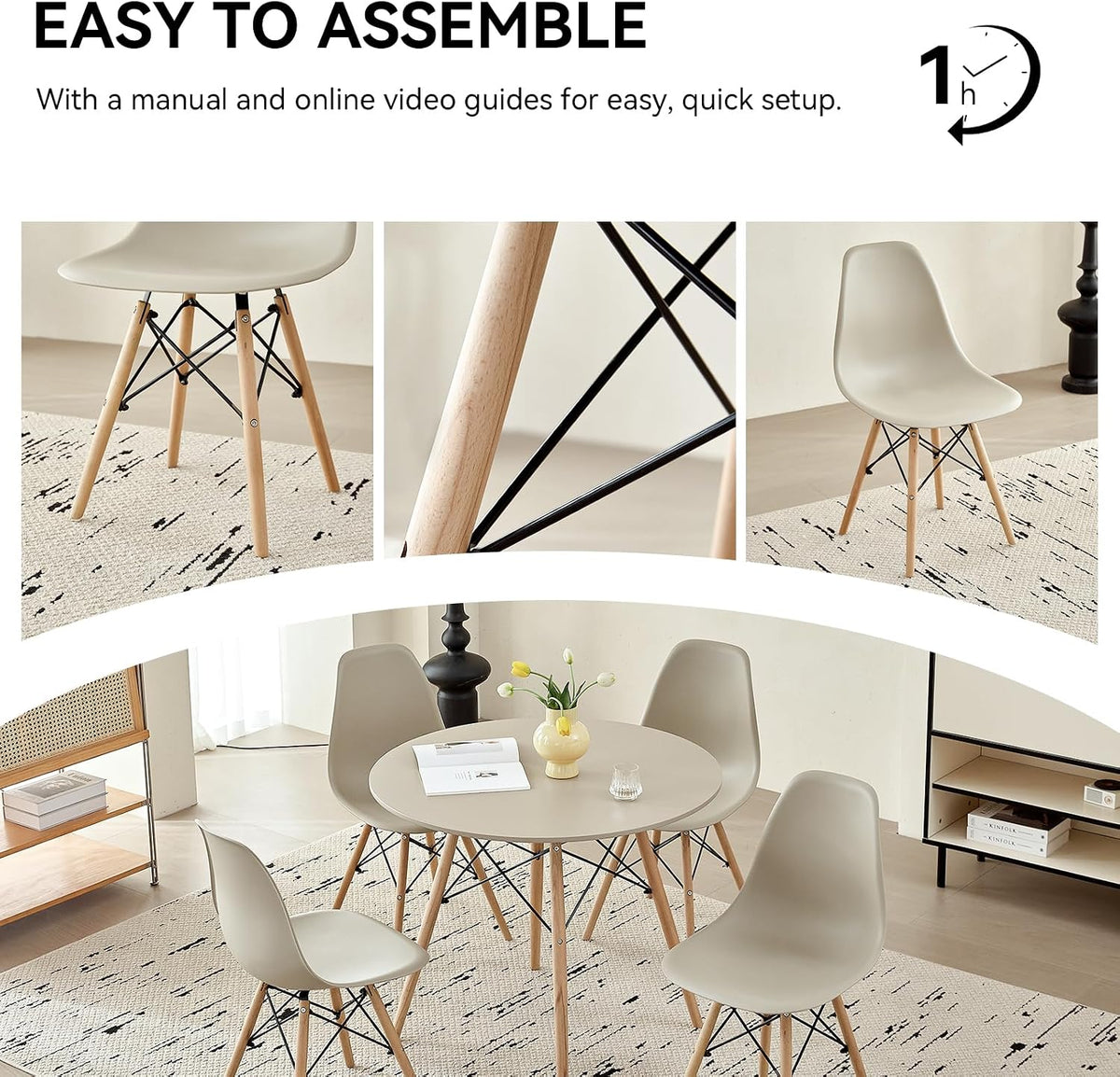 Scandinavian round dining chair, side view showing metal frame reinforcement