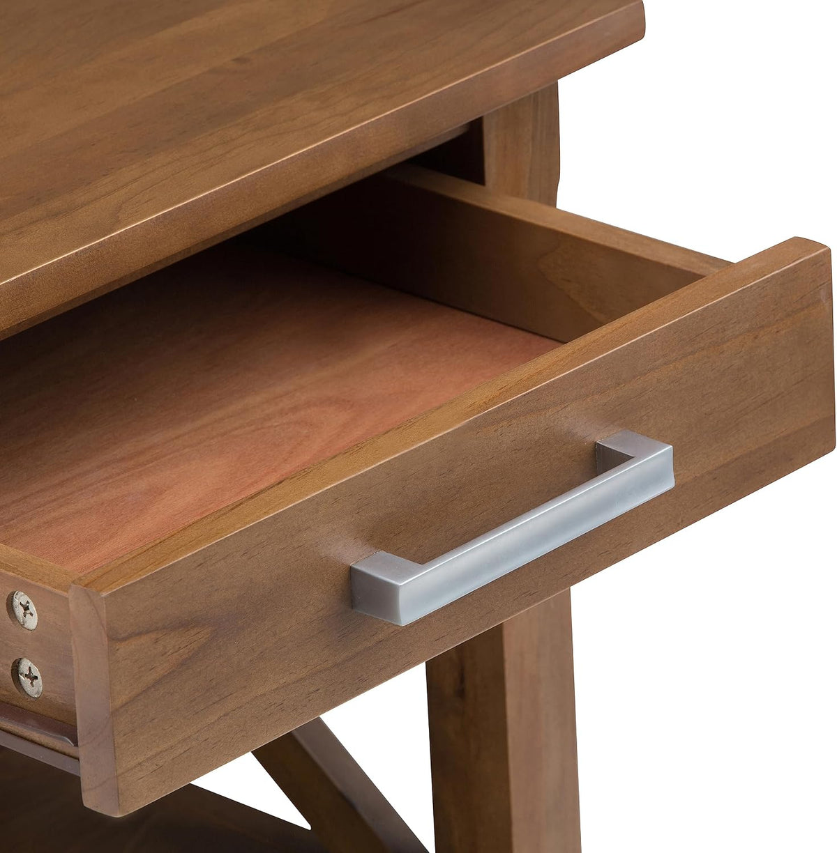 X-design solid wood end table styled in a living room