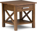 X-design solid wood end table in saddle brown, front view with drawer