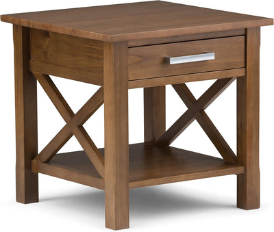 X-design solid wood end table in saddle brown, front view with drawer
