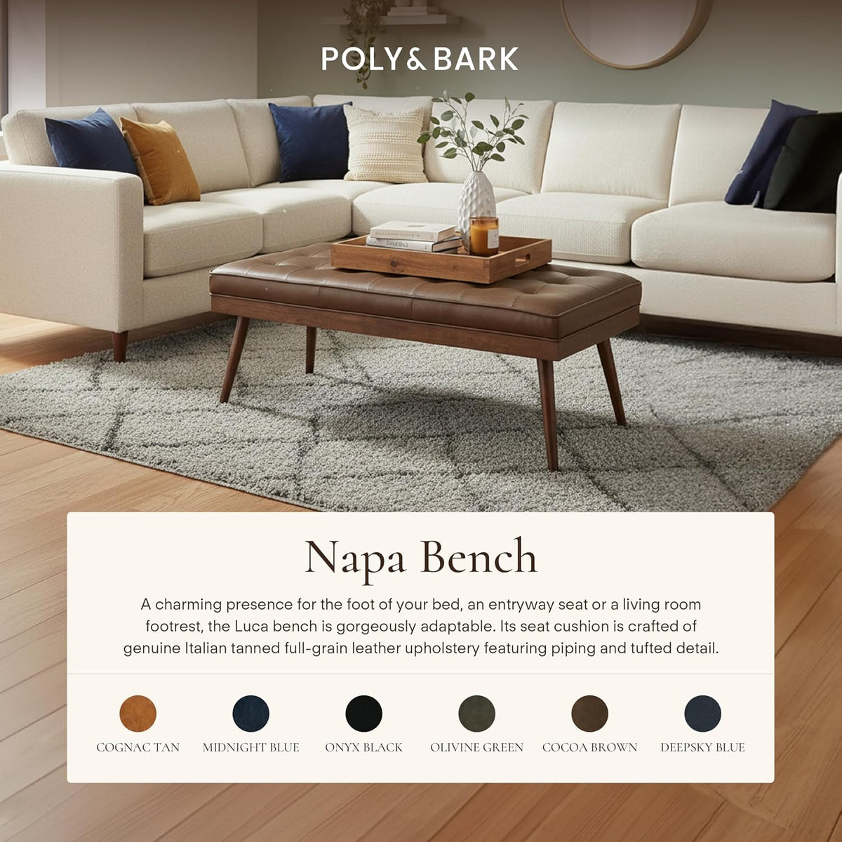 Poly & Bark tufted leather bed bench styled at the foot of a bed