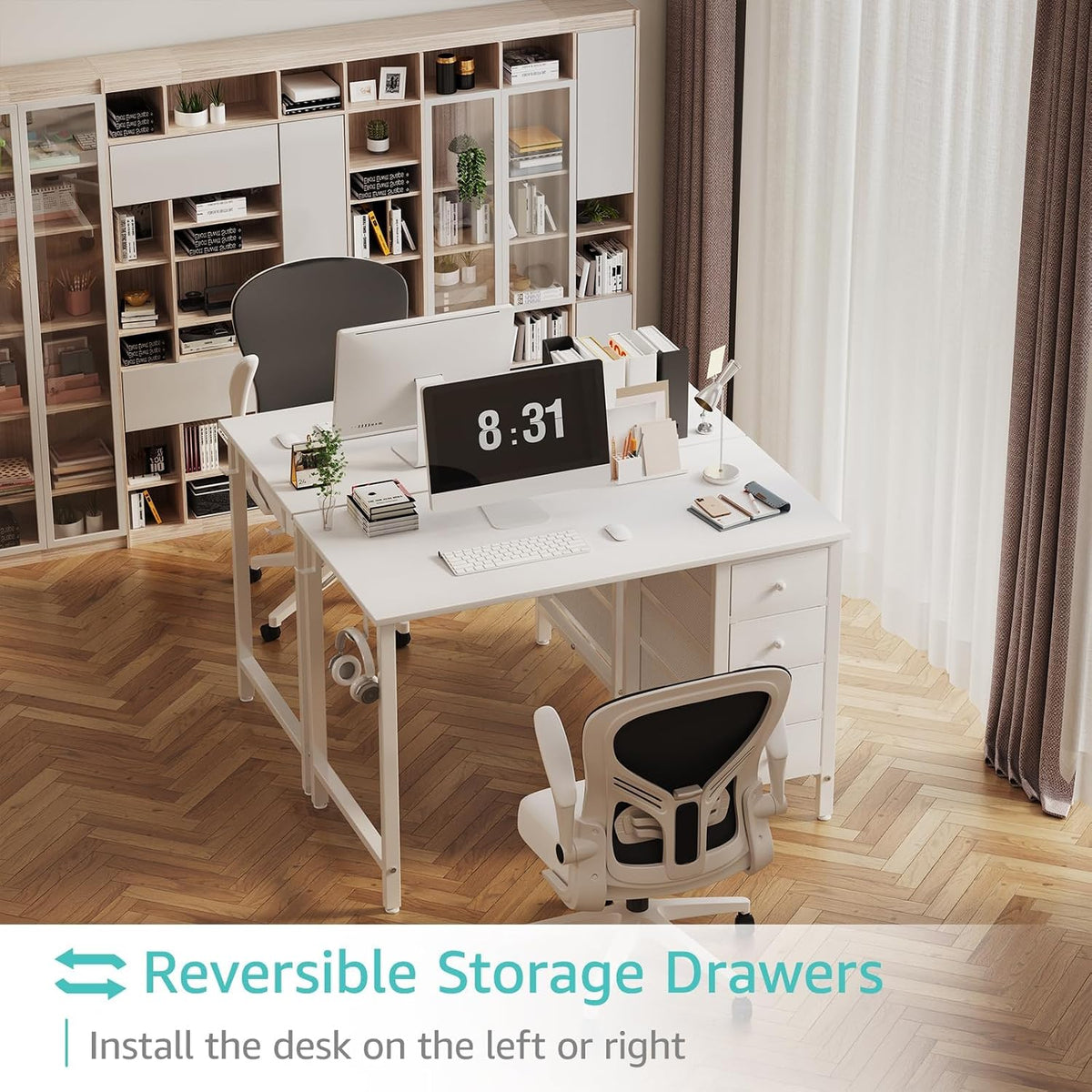 Warm white kids study desk shown with reversible drawer installation options