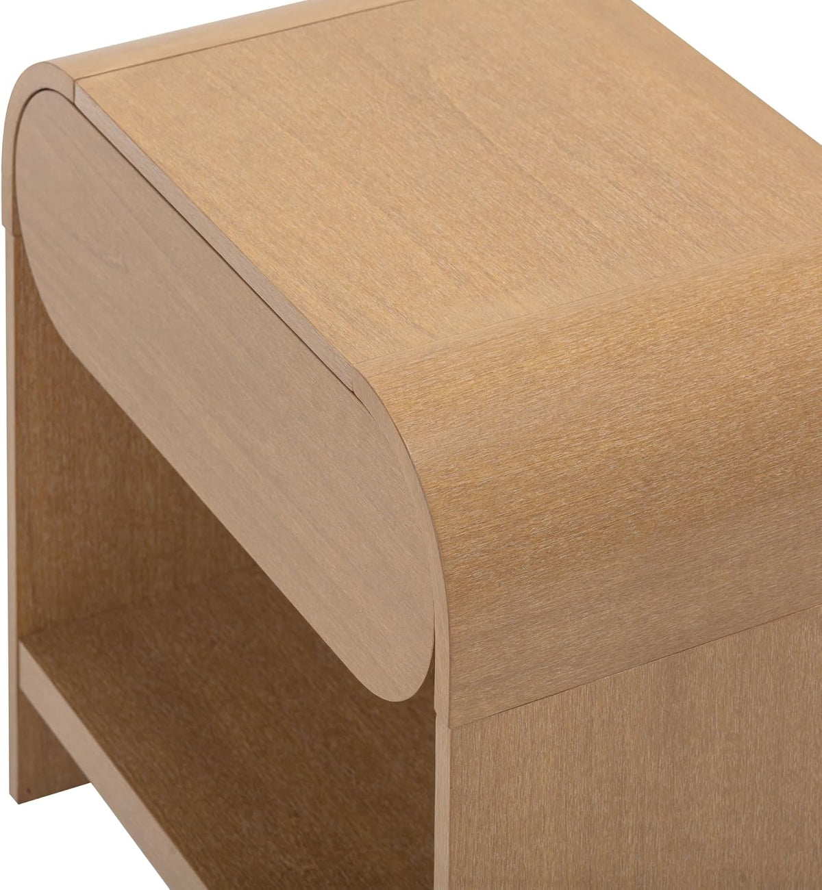 Close-up of Nathan James Iris nightstand wood grain and drawer pull