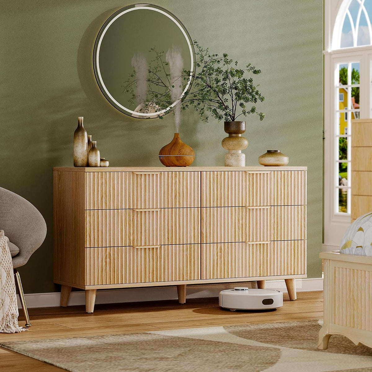 Fluted natural oak 6-drawer dresser from the bedroom set, front view
