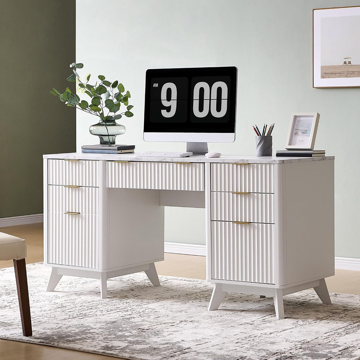Fluted executive desk, natural oak, full desk styled with laptop and monitor
