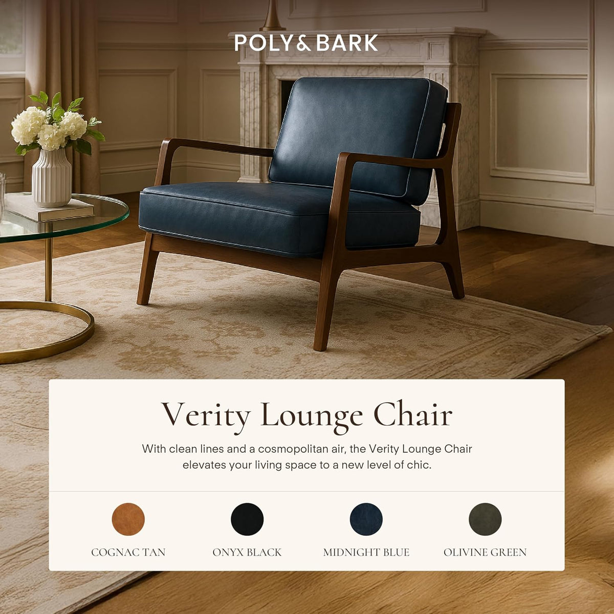 Walnut-frame leather accent chair styled in a living room