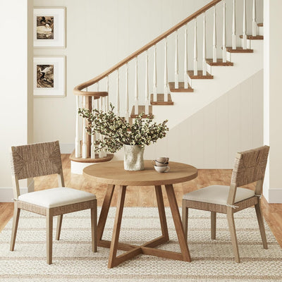 Nathan James Beacon boucle dining chair with woven seagrass back, set of 2, front view