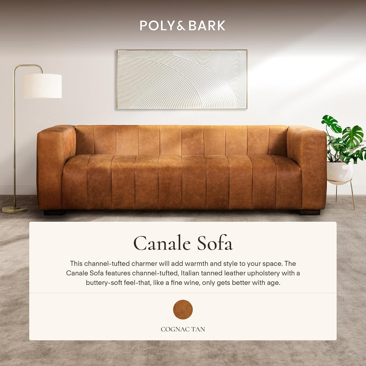 Close-up of channel-tufted leather back cushion