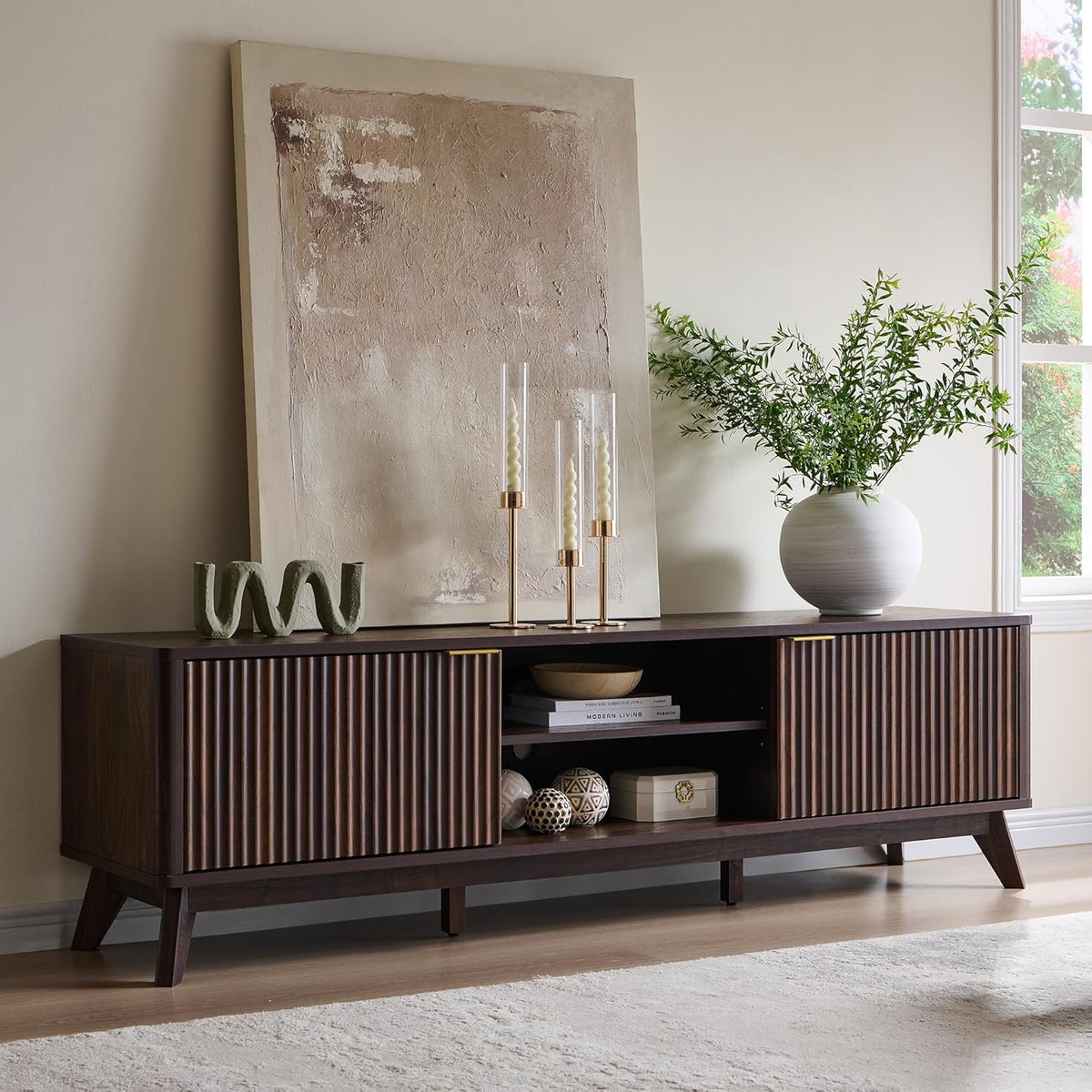 Fluted dark walnut 70-inch TV stand with soft-close cabinet doors and open media shelf