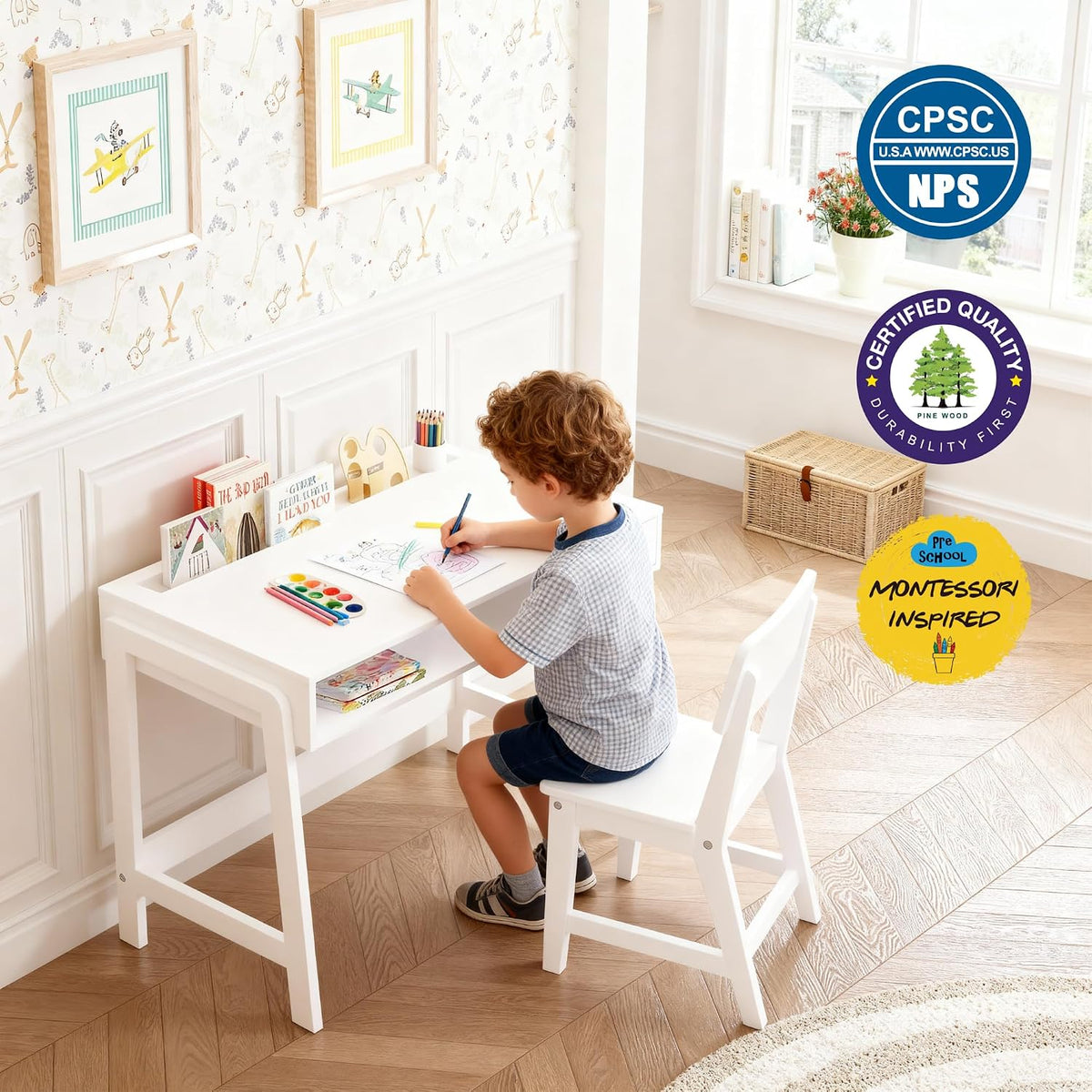 Side profile of the kids chair showing the curved and inclined backrest