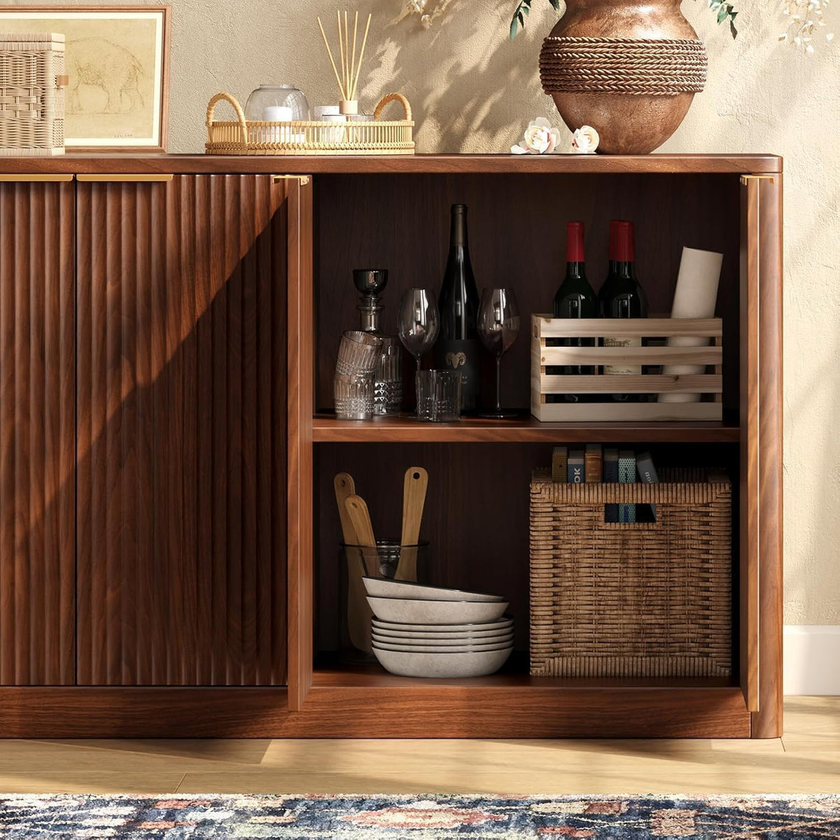 Fluted walnut buffet cabinet, close-up of vertical fluted texture