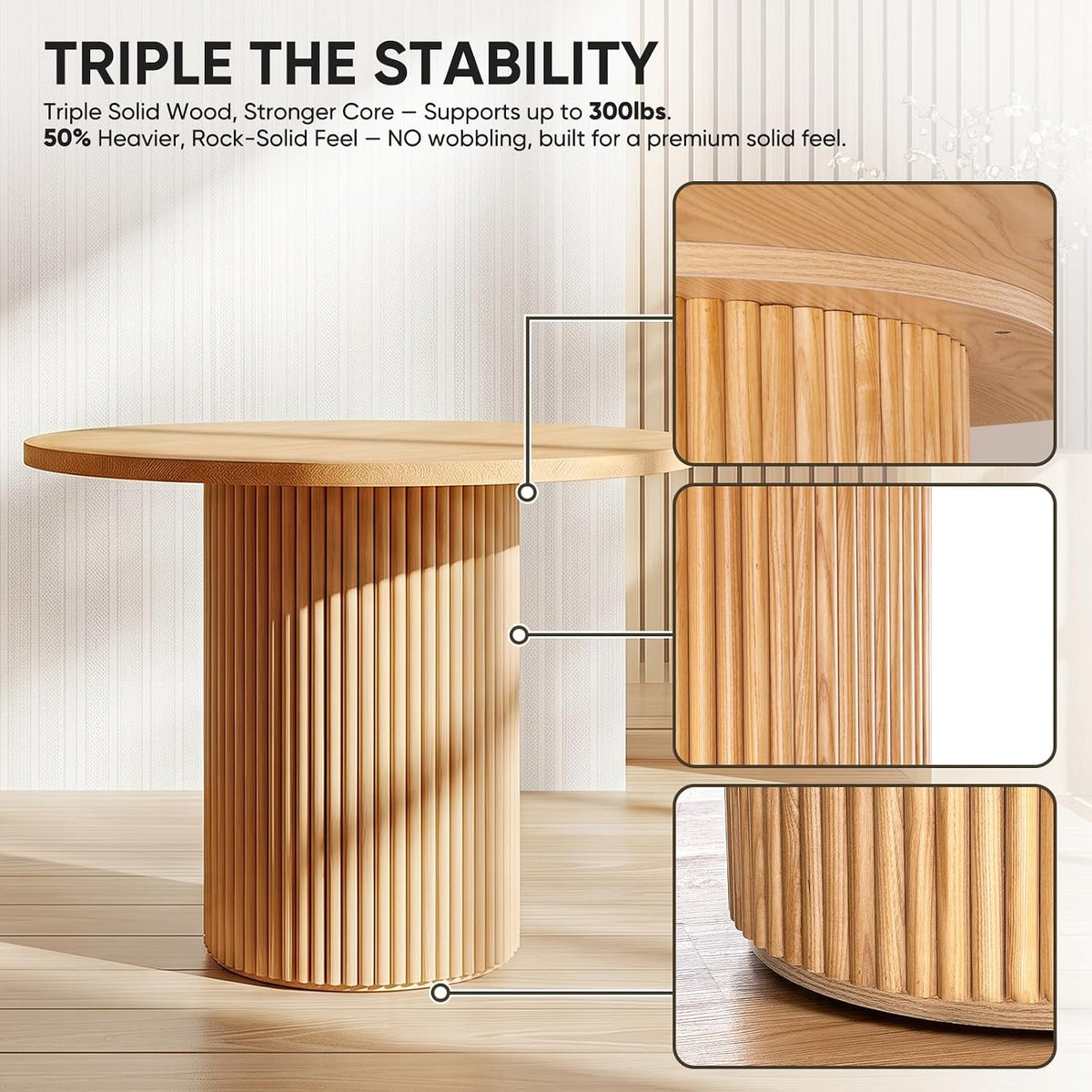 Close-up of fluted wood pedestal base on round dining table