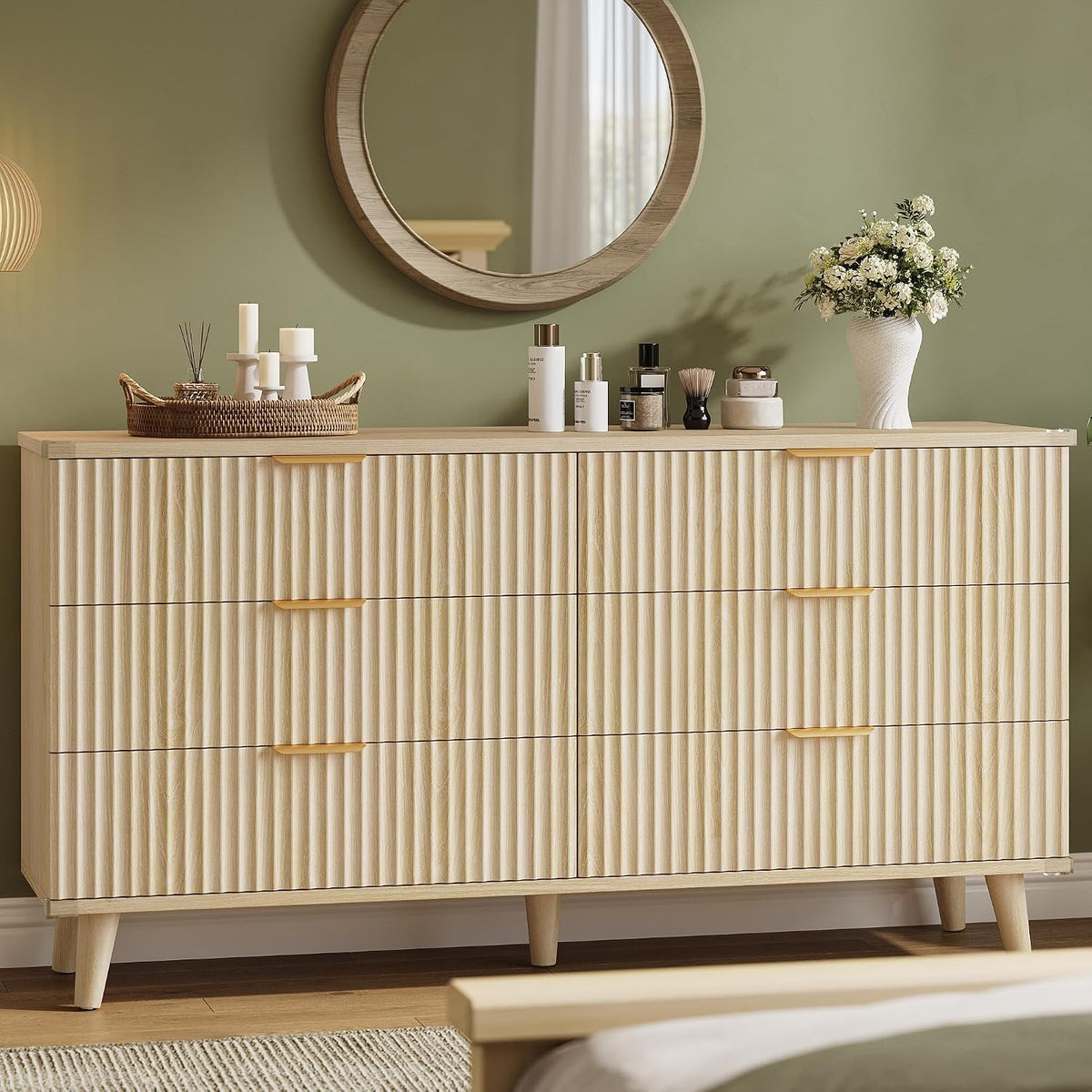 Fluted natural oak dresser and nightstand set, angled view showing all three pieces