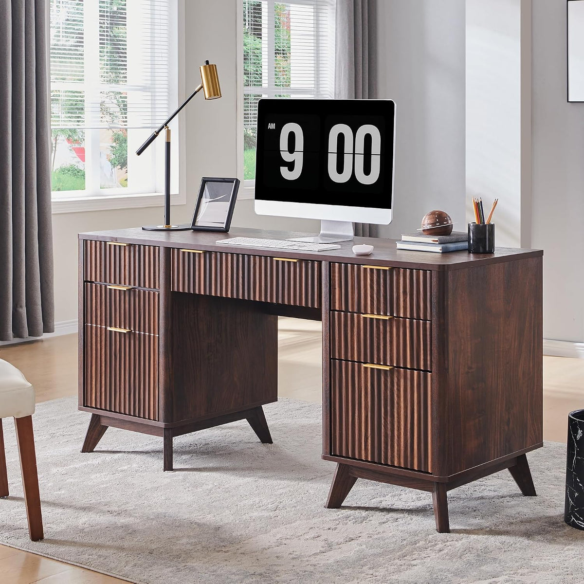 Fluted executive desk, natural oak, dimension diagram