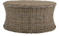 Round natural rattan coffee table ottoman with woven top and mango wood frame