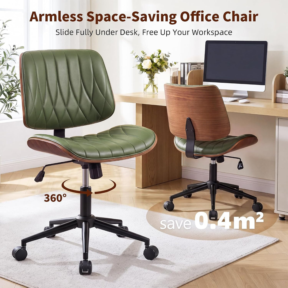 Sage green armless desk chair, close-up detail of diamond-stitched faux leather seat and walnut wood backboard