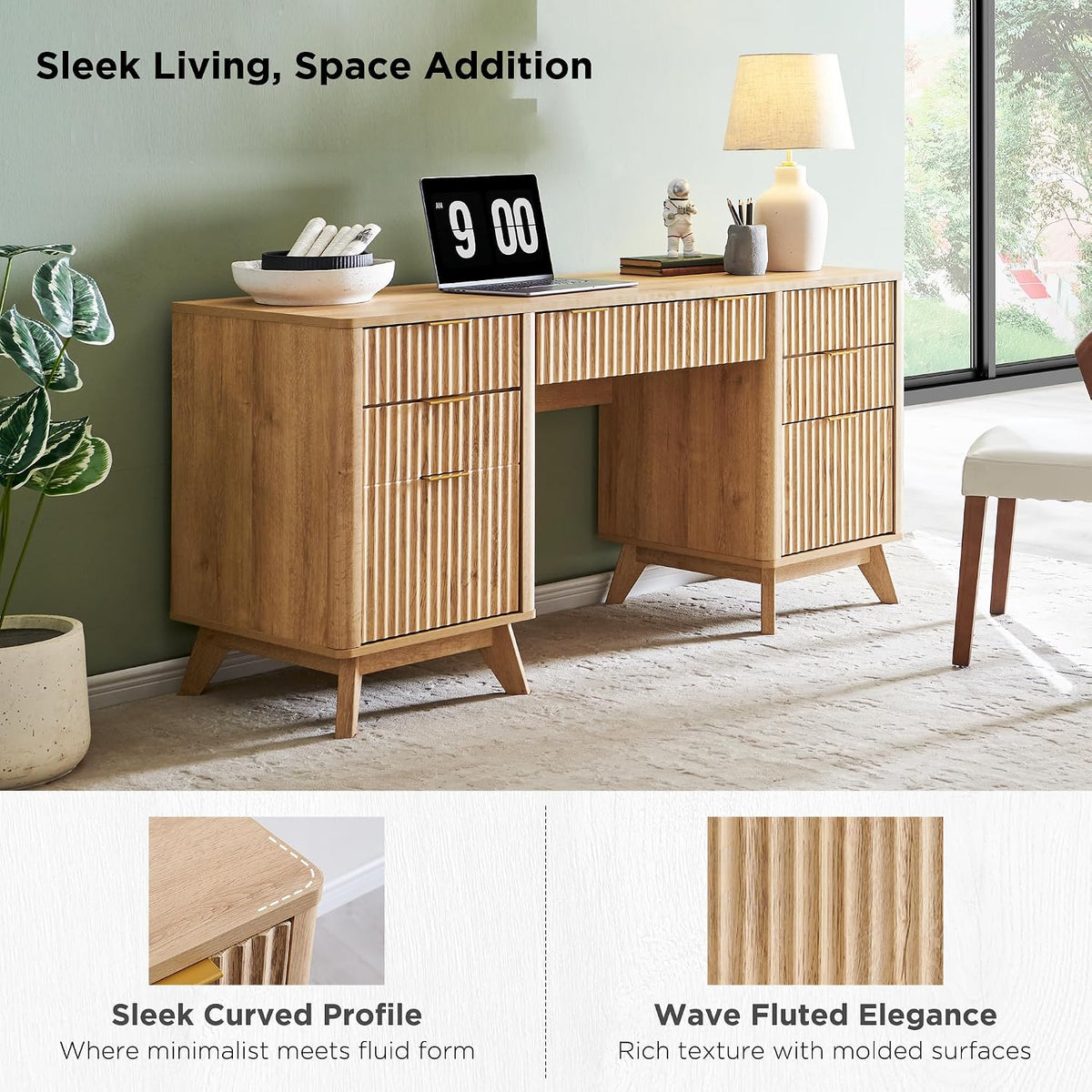 Fluted executive desk, natural oak, close-up of fluted drawer panel detail