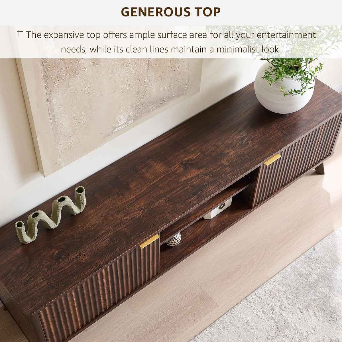 Fluted dark walnut TV stand shown open with adjustable interior shelves