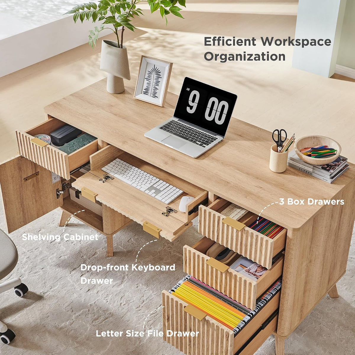 Fluted executive desk, natural oak, open storage cabinet and adjustable shelf
