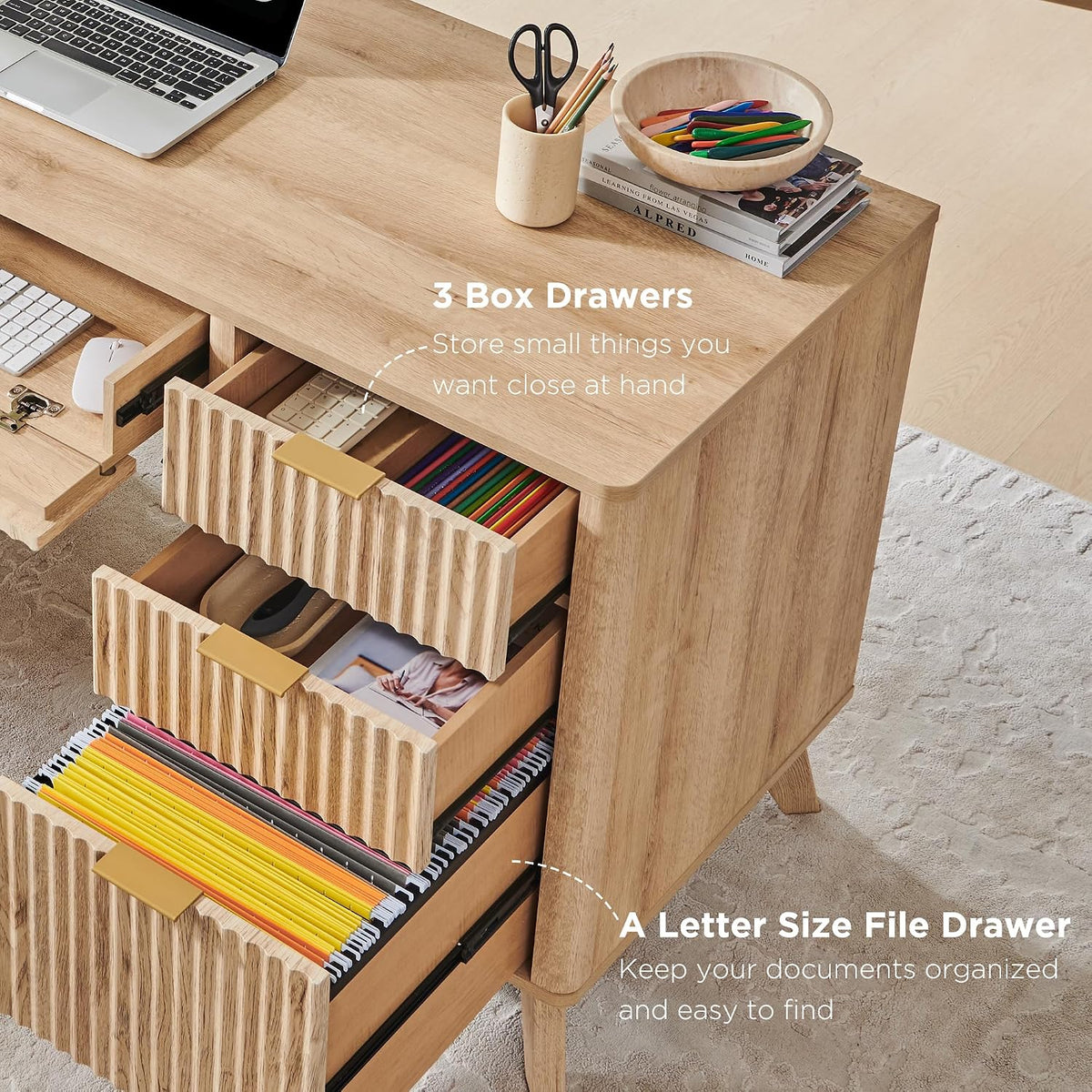 Fluted executive desk, natural oak, pull-out keyboard tray extended