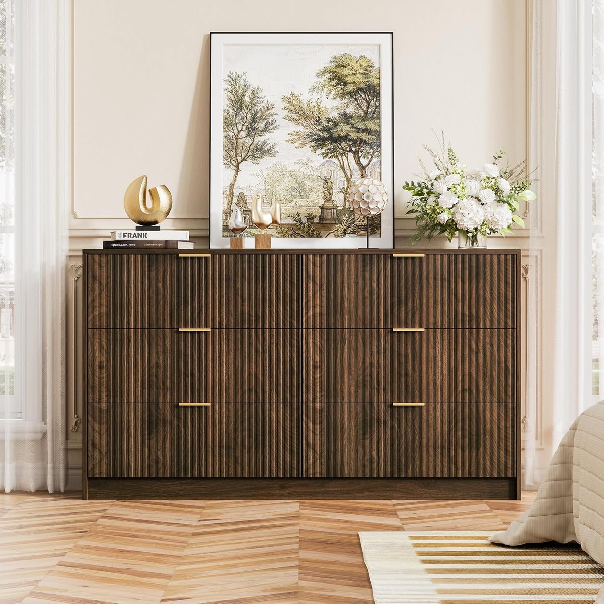 Fluted walnut 6-drawer dresser shown with a drawer open