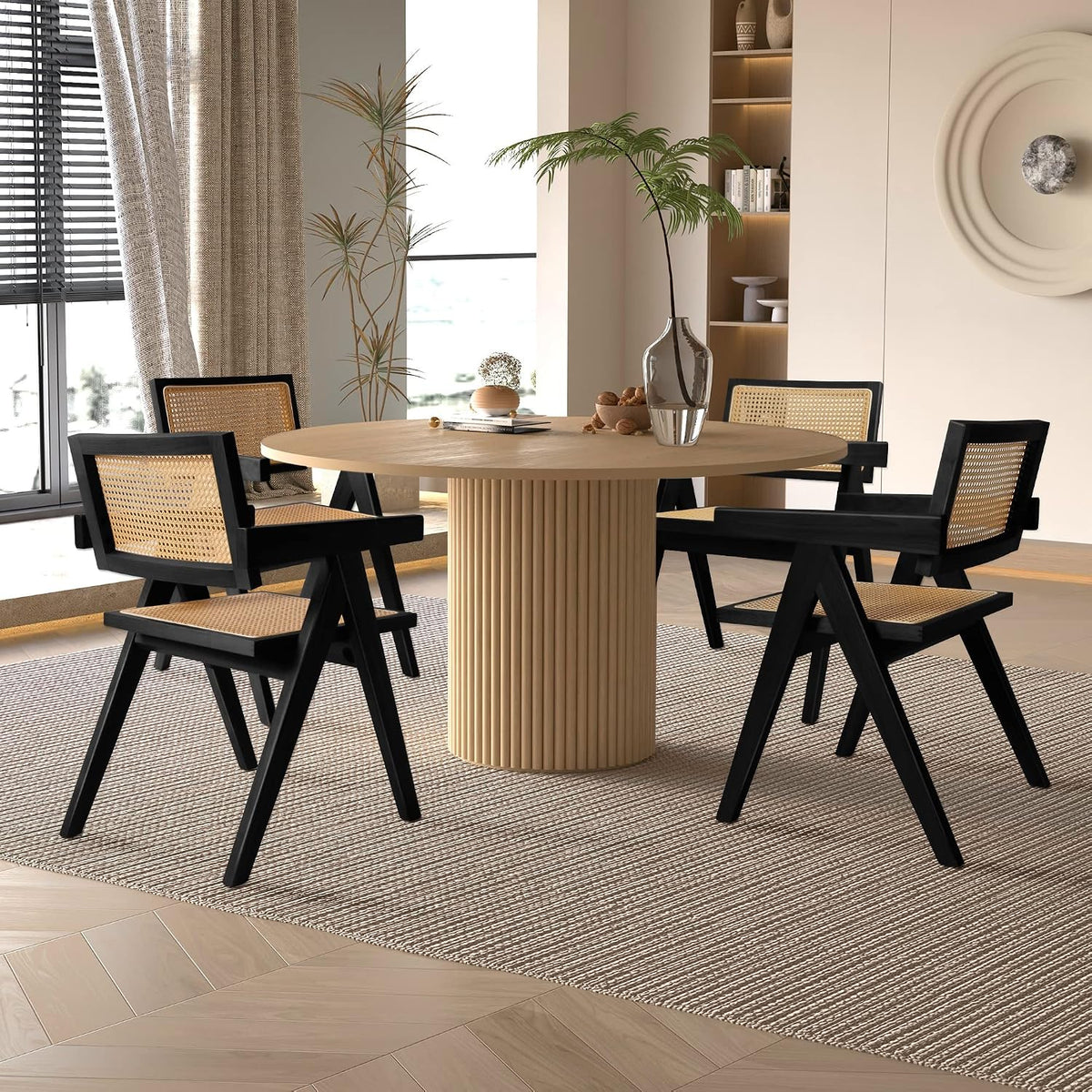Round dining table with fluted pedestal base, size comparison across 35, 40, and 47 inch options