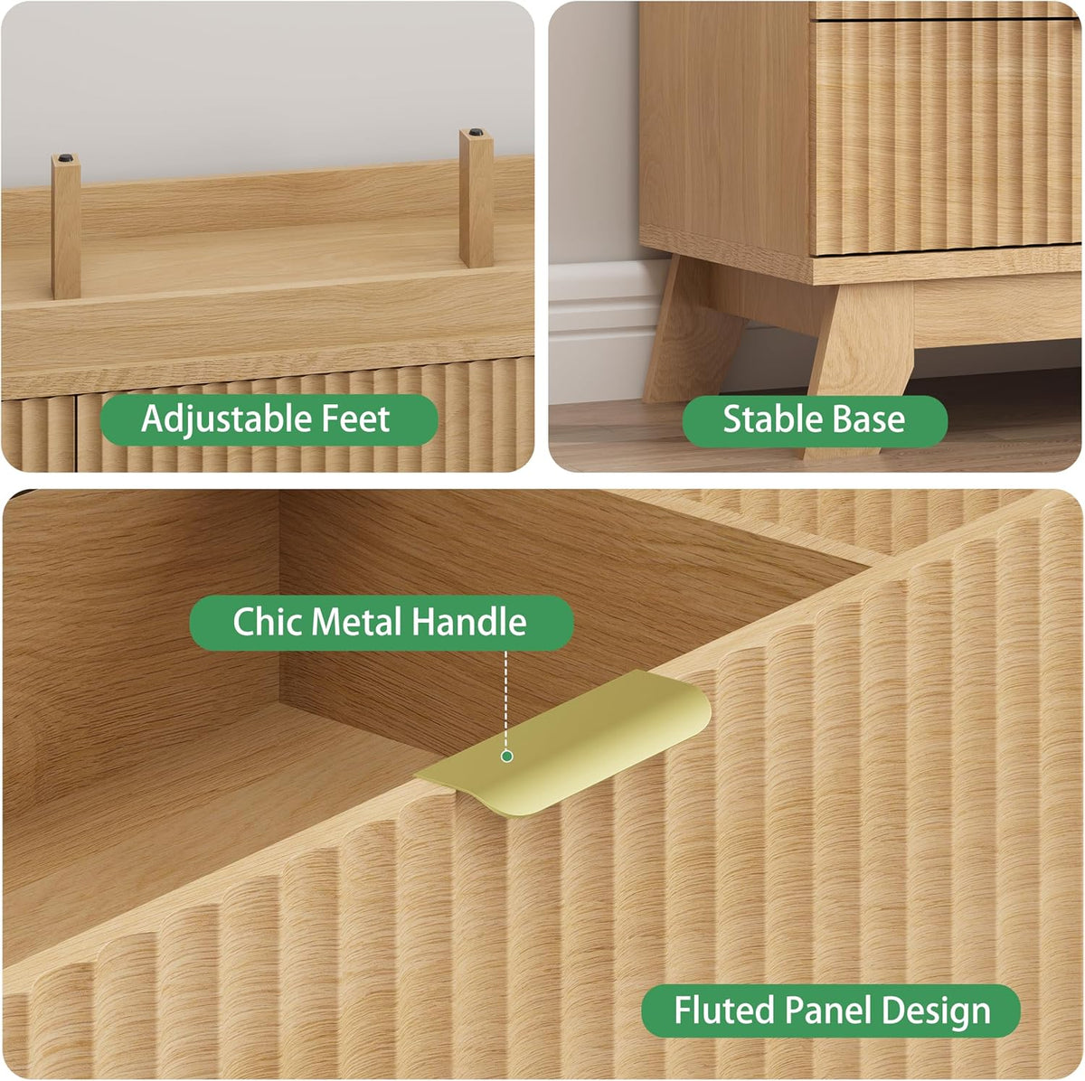 Fluted natural oak dresser dimension diagram showing width, depth, and height measurements
