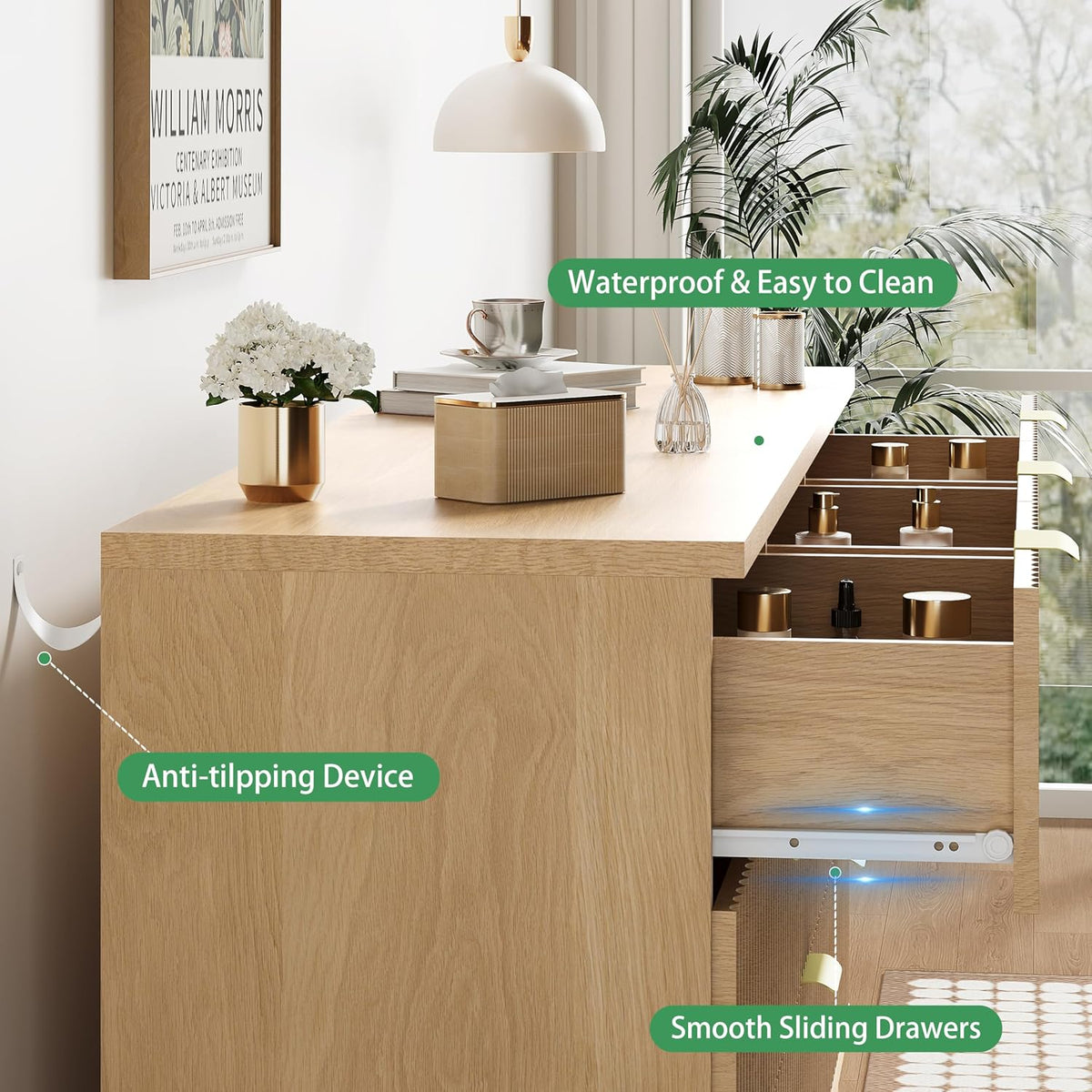 Fluted natural oak 9-drawer dresser shown open with a drawer pulled out