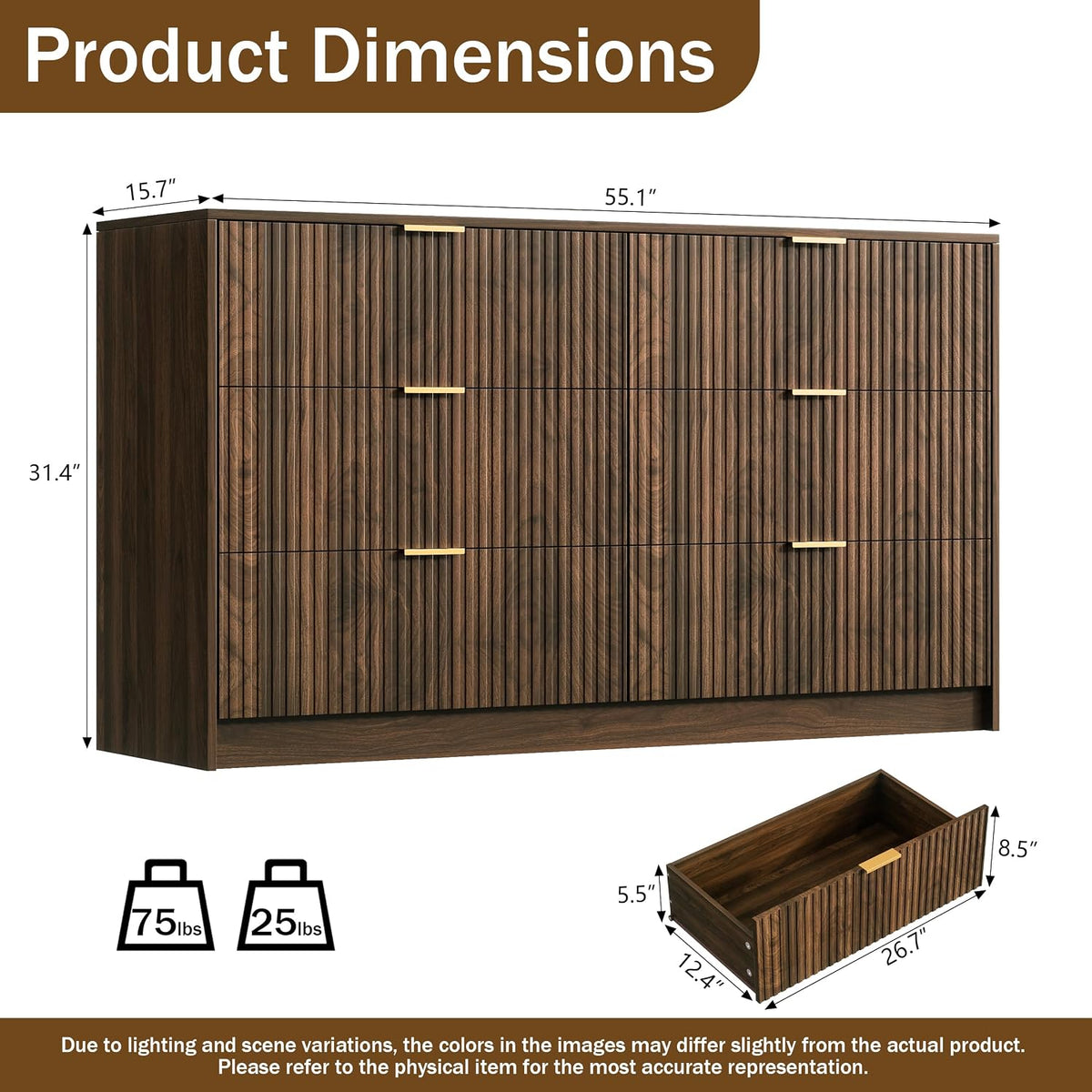Fluted walnut 6-drawer dresser with gold handles, angled view showing fluted drawer texture