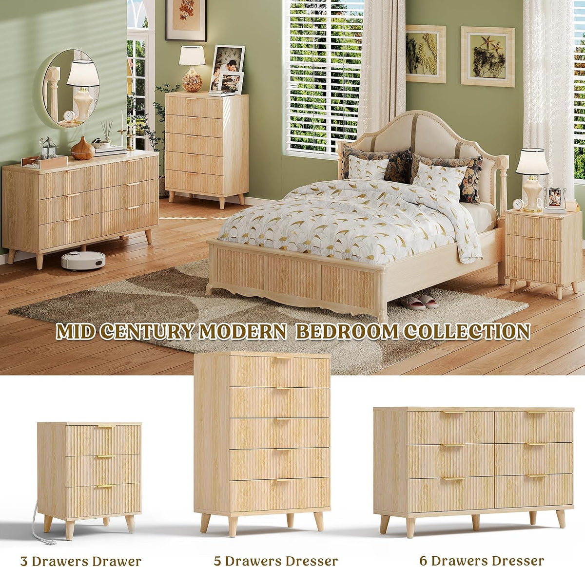 Fluted natural oak bedroom set, side view showing tapered wood legs