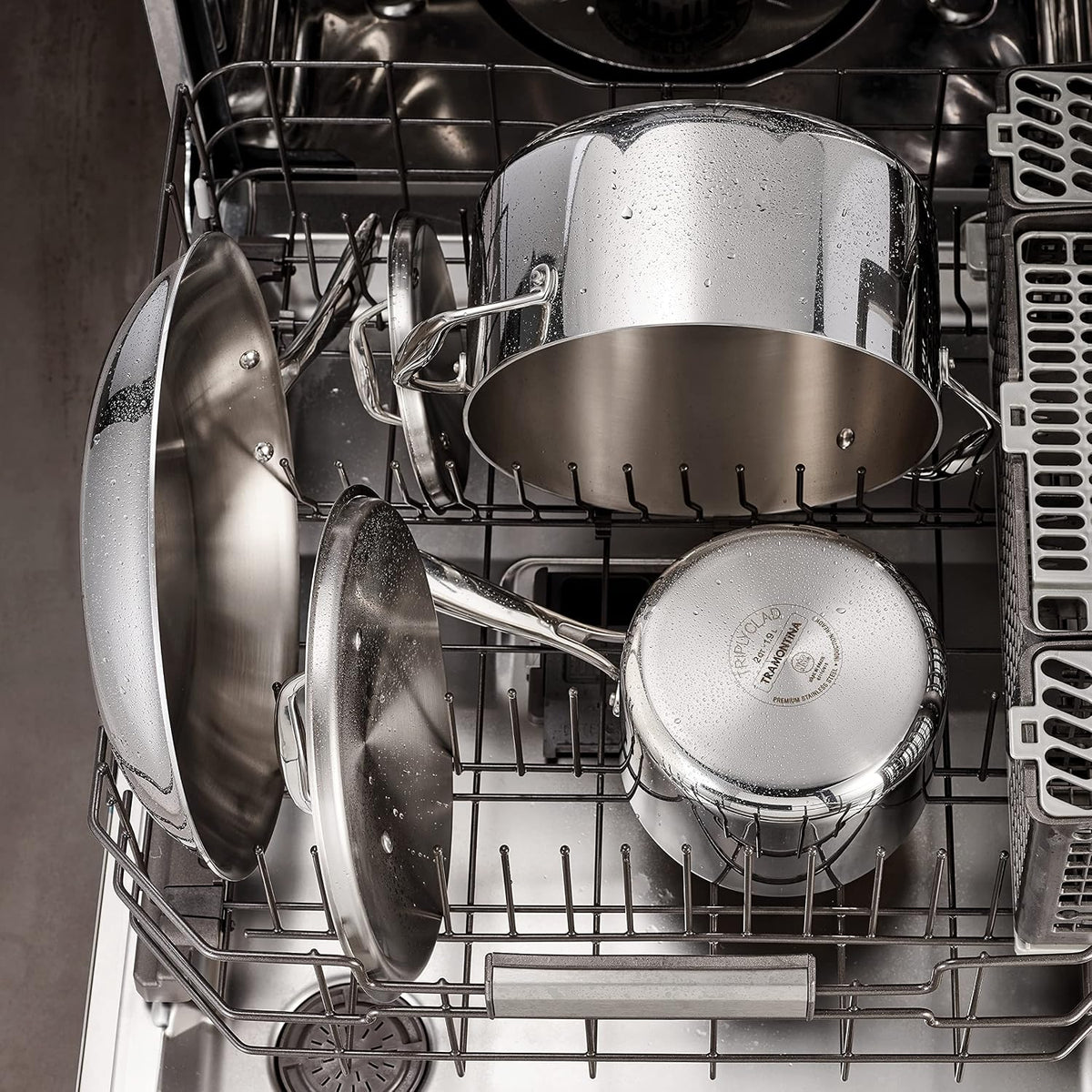 Tramontina cookware set full lineup on kitchen counter