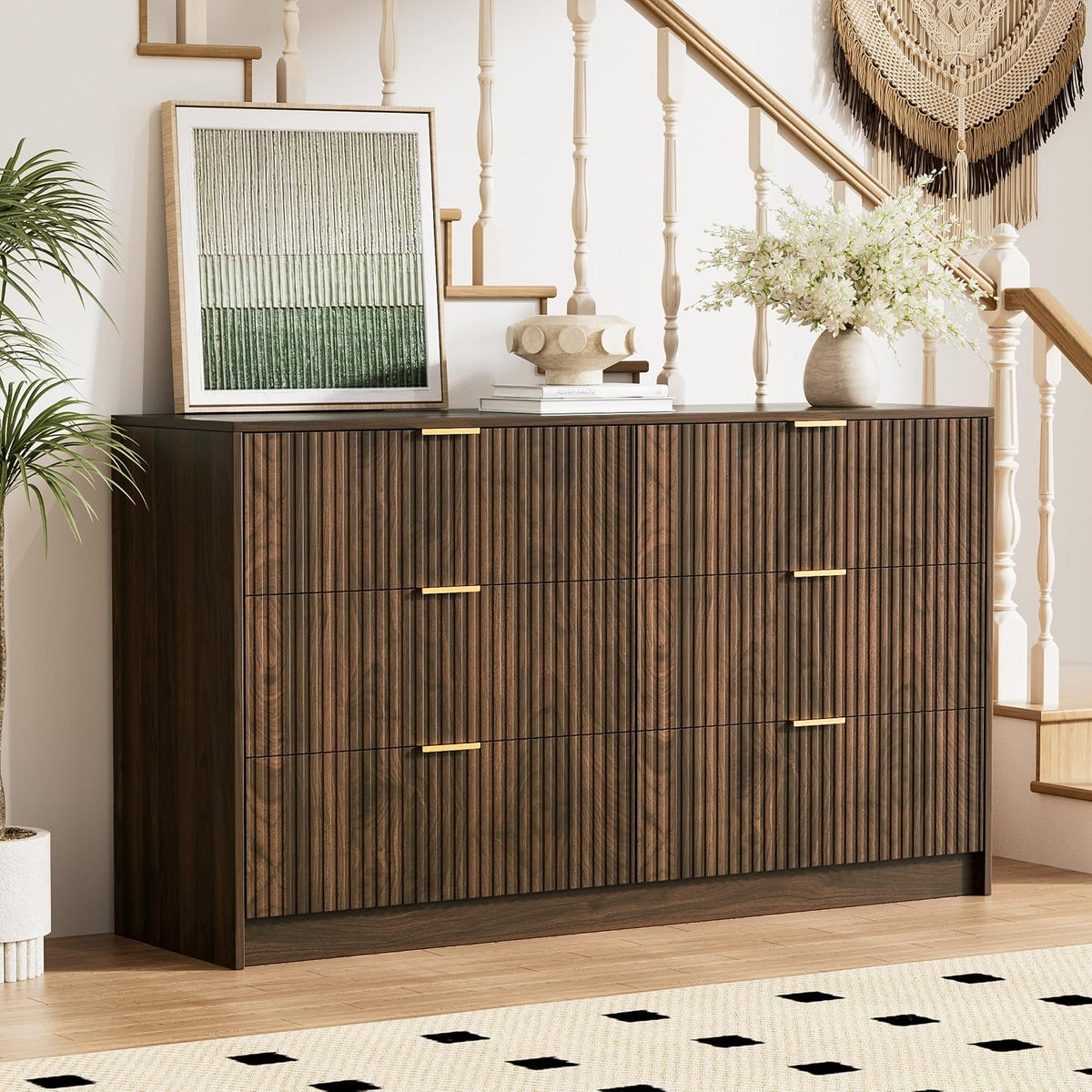 Fluted walnut 6-drawer dresser, side view showing depth and leg detail