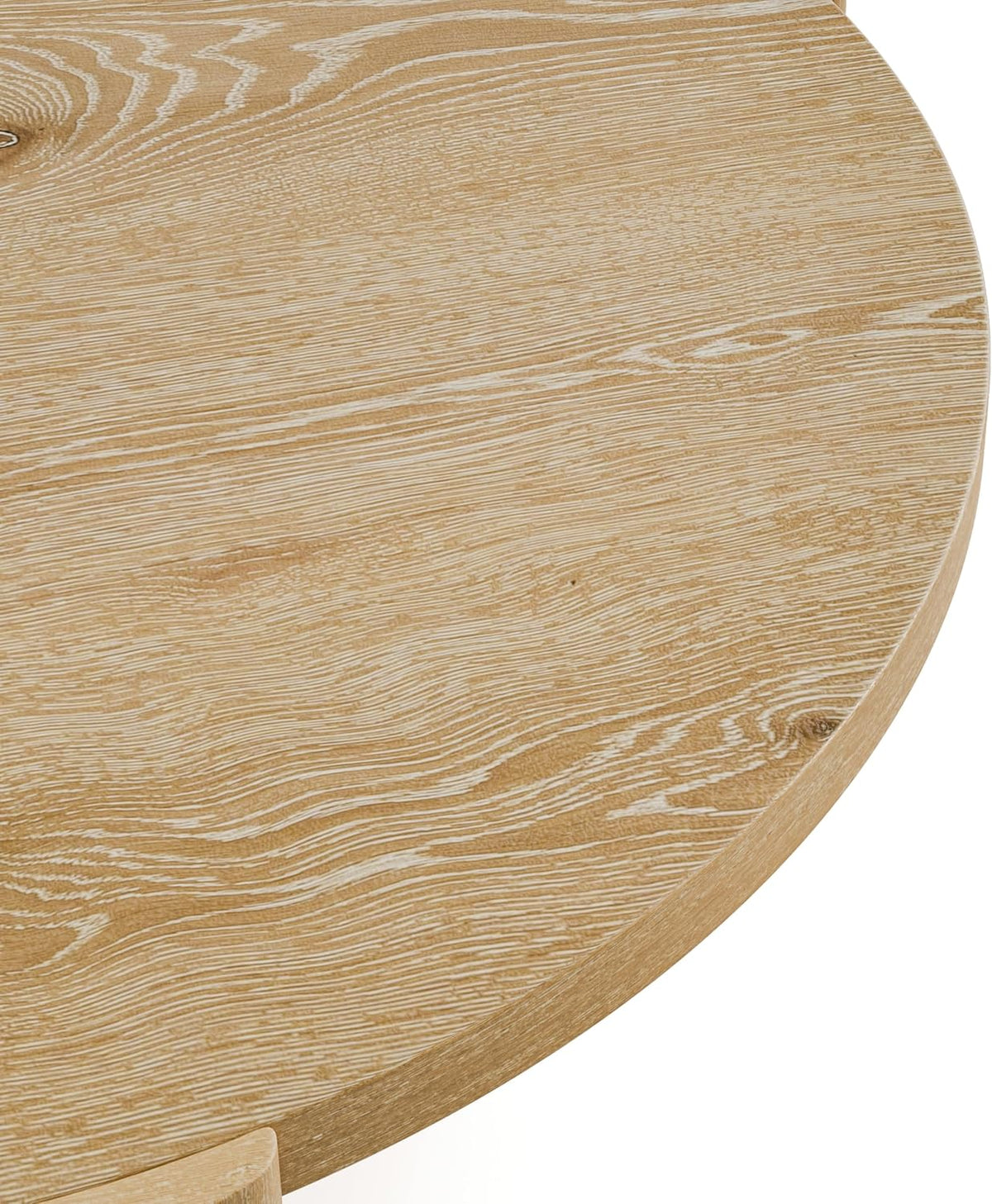 Round oak coffee table shown with decor styled on top