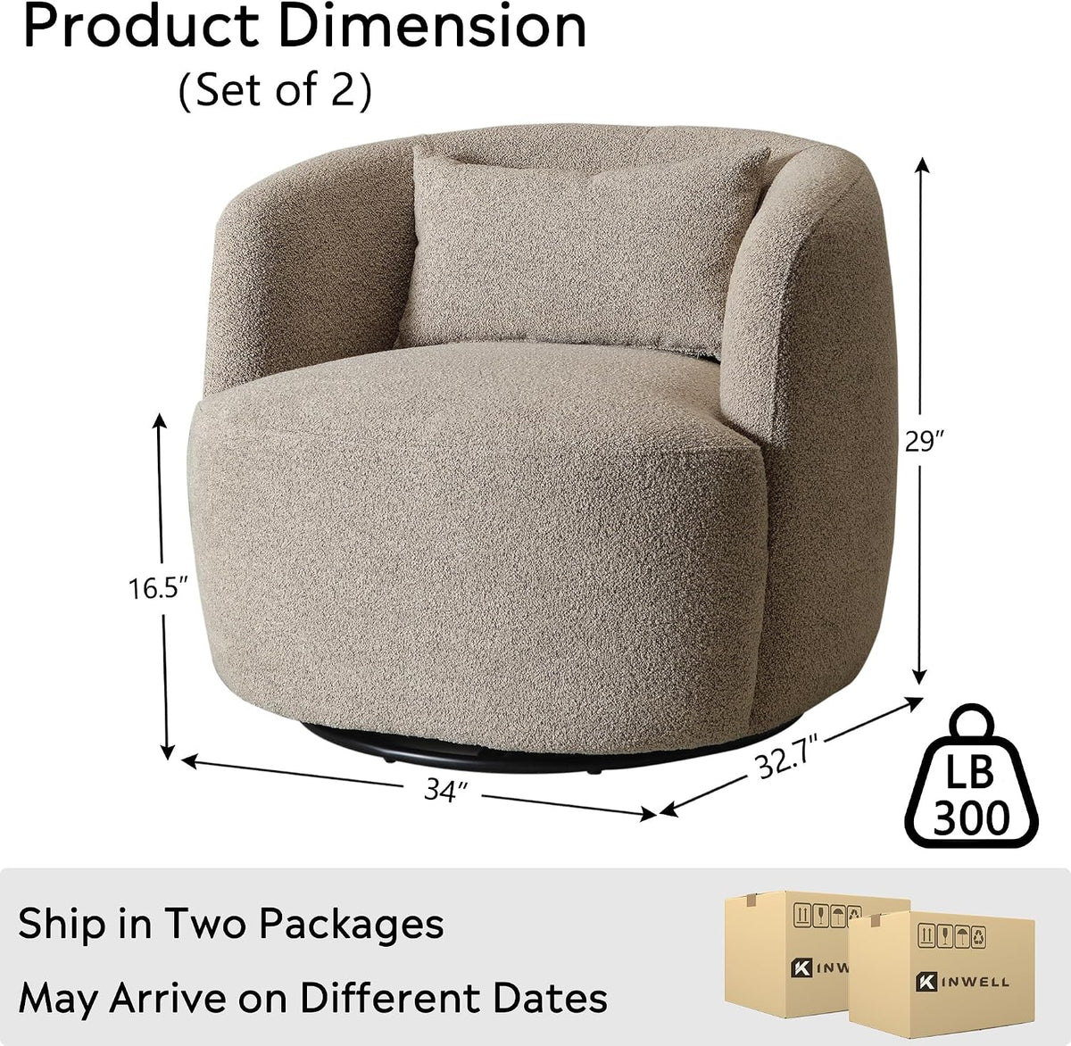 Boucle swivel barrel chairs, angled view showing swivel base