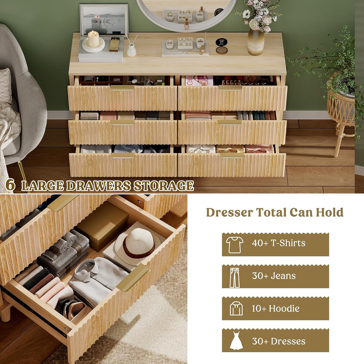 Fluted natural oak bedroom set styled in a bedroom with bedding and decor