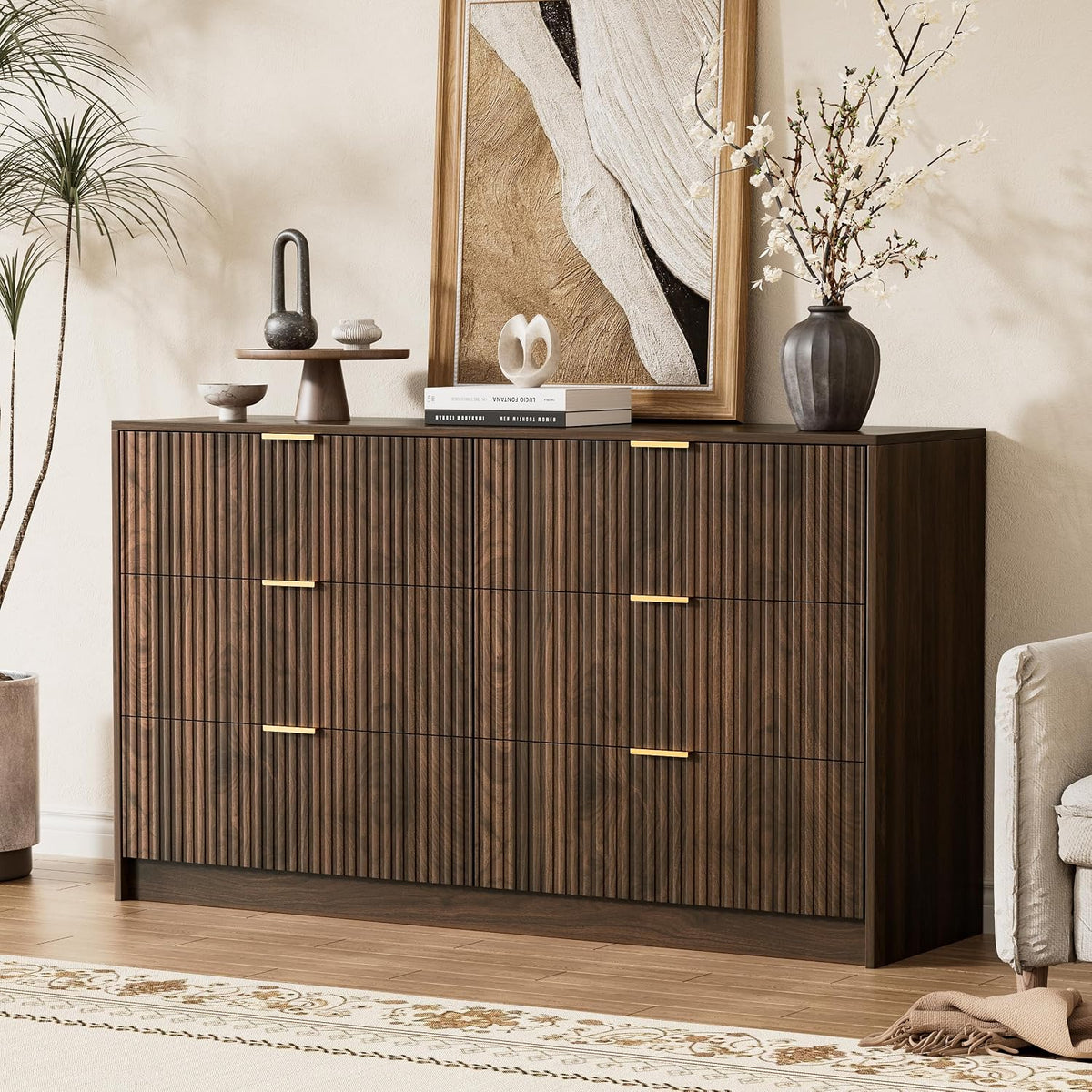 Furniway fluted walnut dresser detail with gold drawer handles