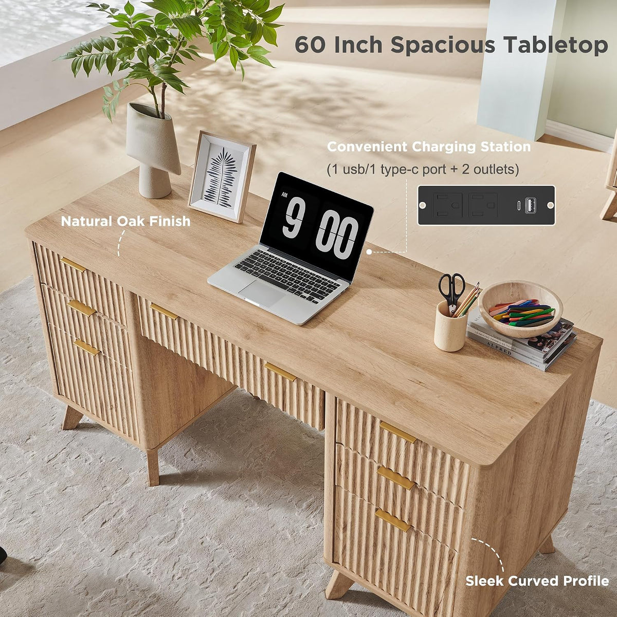 Fluted executive desk, natural oak, built-in charging station with USB and outlets