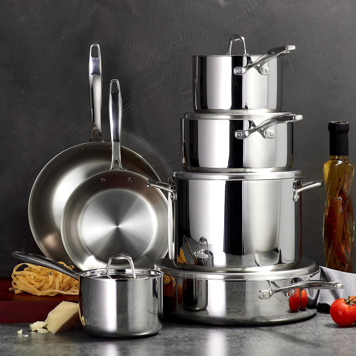 Tramontina stainless steel frying pan and saucepan detail