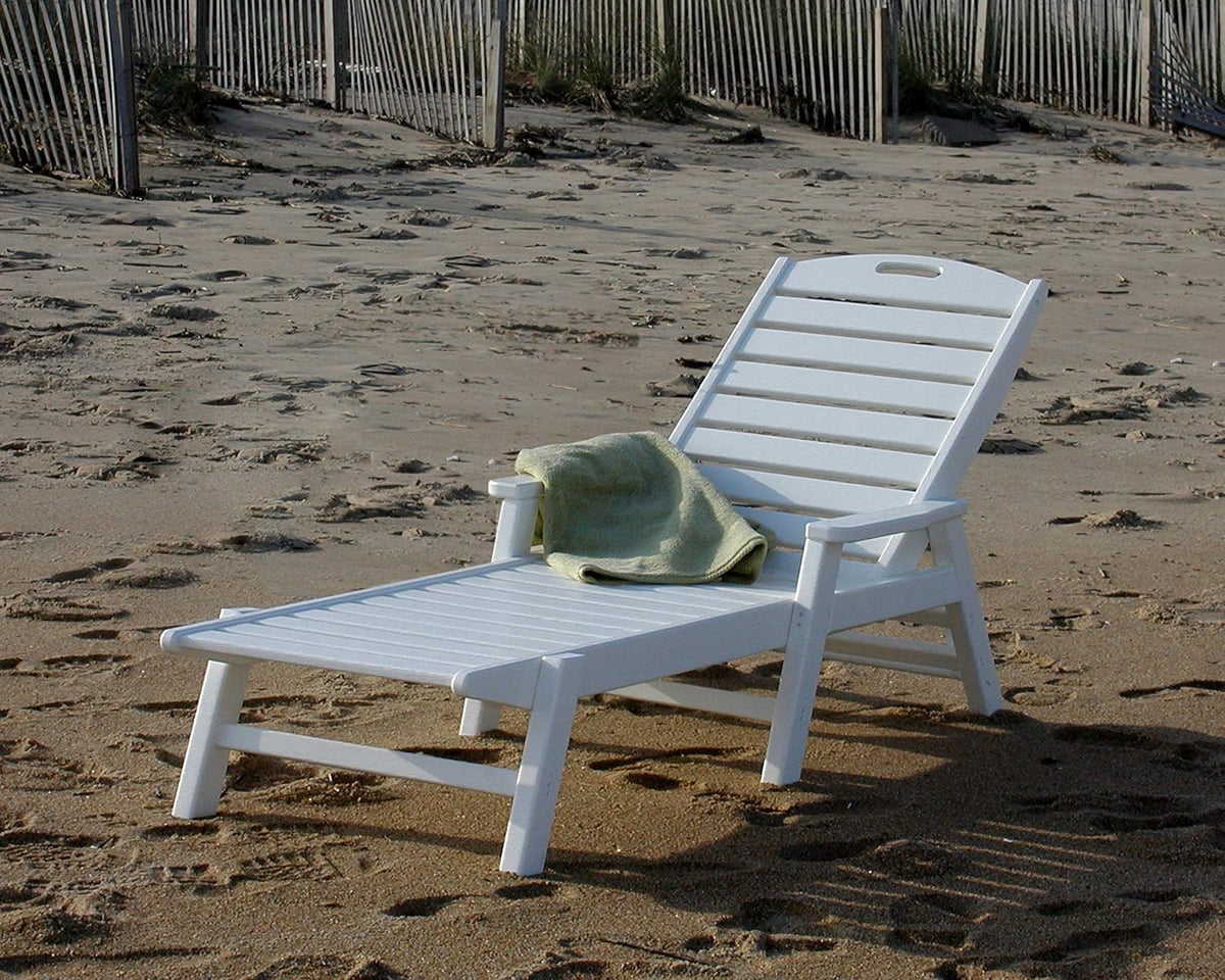 Black HDPE outdoor chaise lounge, front view showing slatted seat and back