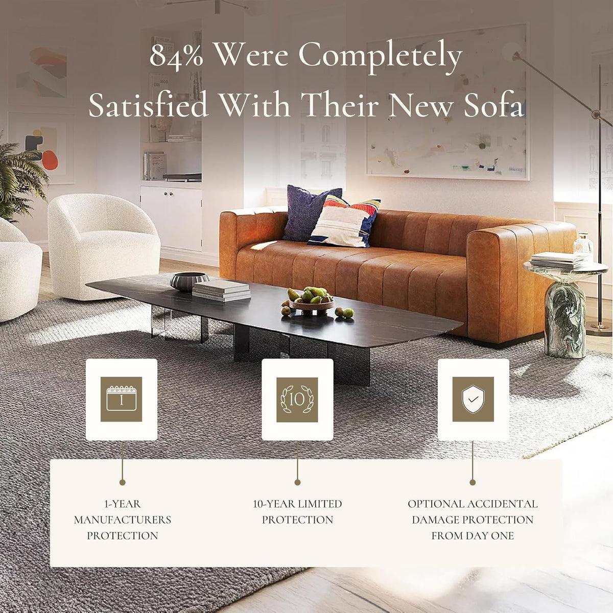 Cognac tan leather sofa angled three-quarter view