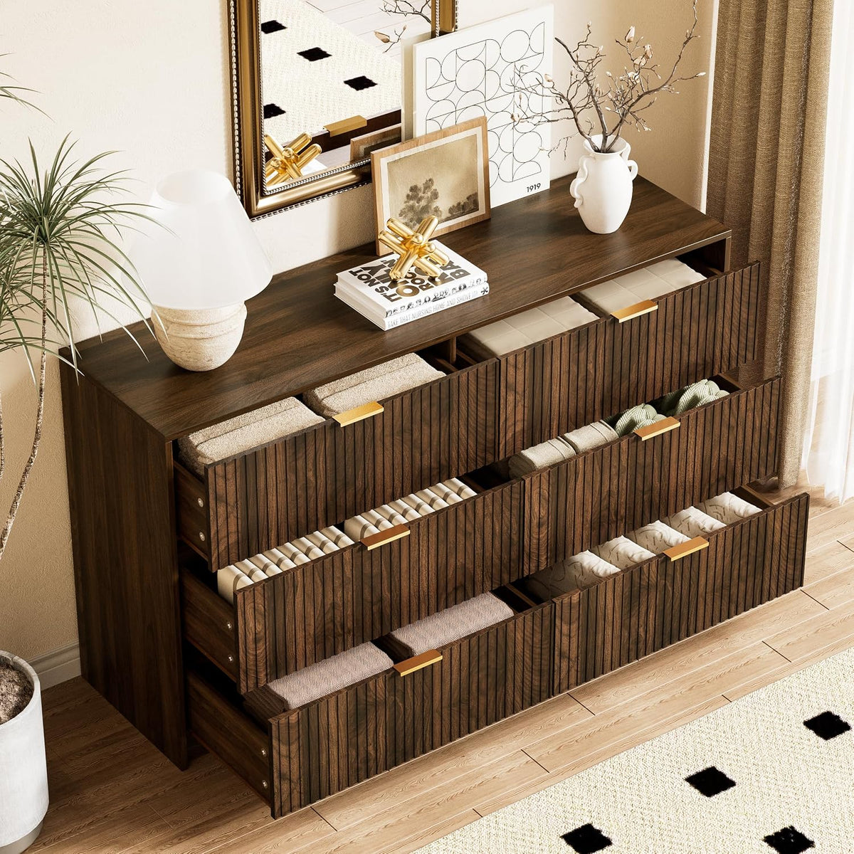 Fluted walnut 6-drawer dresser dimension diagram showing width, depth, and height